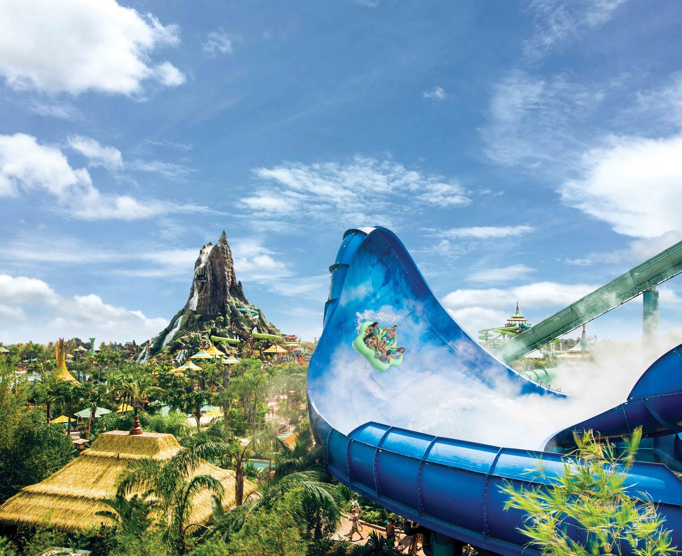 A family going down the Krakatau water ride at Universal Orlando Florida