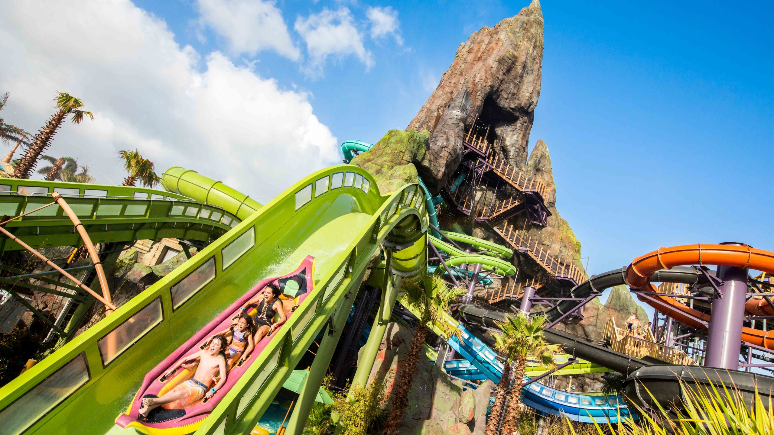 A family going down the Krakatau water ride at Universal Orlando Florida